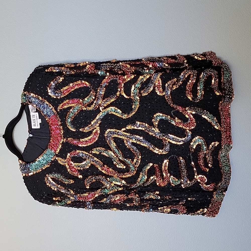 Black Tie Silk Glam beaded and sequin long sleeve top large by He-ro industries